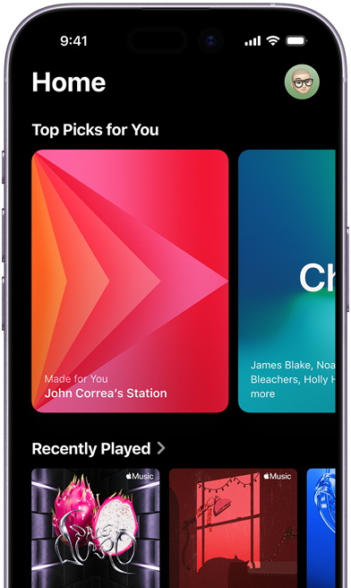 Az Apple Music kezdőlapja egy iPhone-on a neked szóló választások körgalériájával és Kim Petras személyre szabott állomásaival és lejátszási listáival