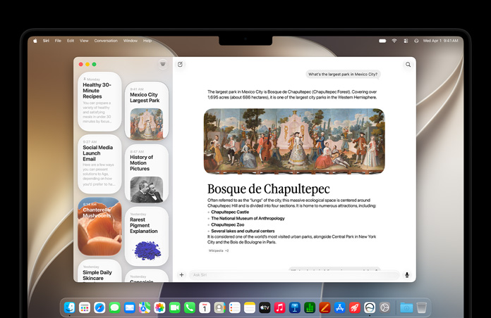 Egy 14 hüvelykes asztrofekete MacBook Pro kijelzőjén a Siri appban egy aktív Siri AI-beszélgetés mellett több korábbi beszélgetés is megjelenik az oldalsávon.