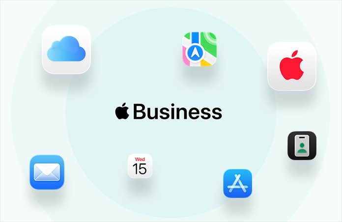 Apple Business, dikelilingi ikon aplikasi: iCloud, Peta, AppleCare, Mail, Kalender, App Store, aplikasi Apple Business