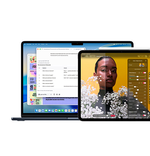 Layar Mac yang menampilkan Apple Intelligence, layar iPad yang menampilkan Pixelmator Pro