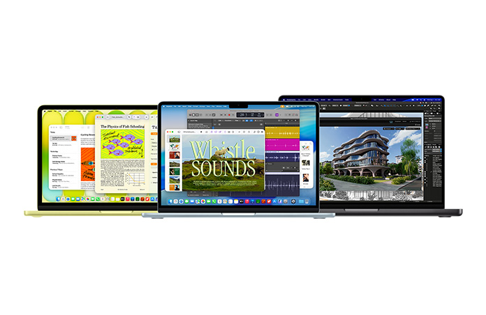 MacBook Neo warna Citrus, MacBook Air warna perak, dan MacBook Pro warna Hitam Angkasa menampilkan berbagai performa dalam jajaran Mac