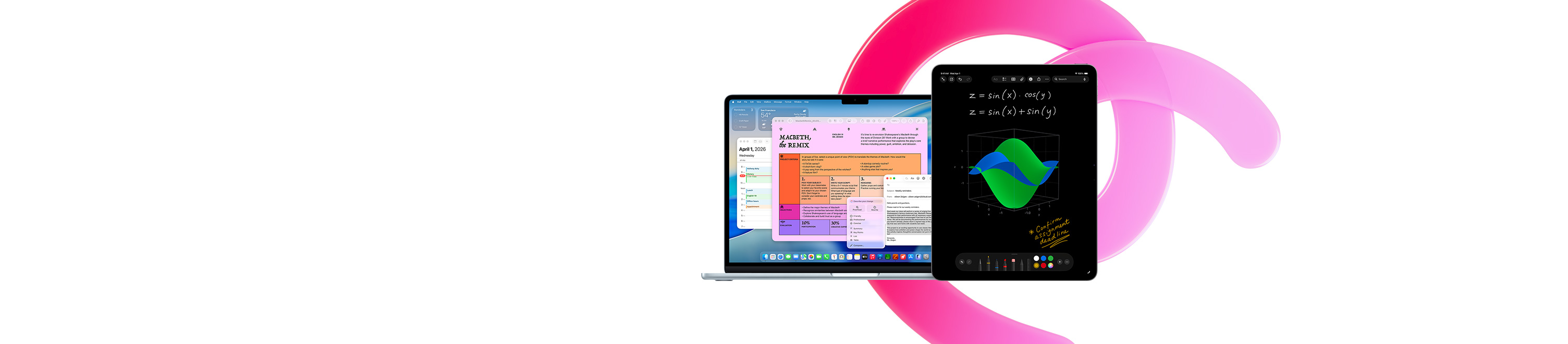 MacBook Air menampilkan Pages, Kalender, Peringatan, dan Mail bersama iPad yang menampilkan persamaan tulisan tangan di Catatan Matematika, menunjukkan produktivitas dengan aplikasi bawaan