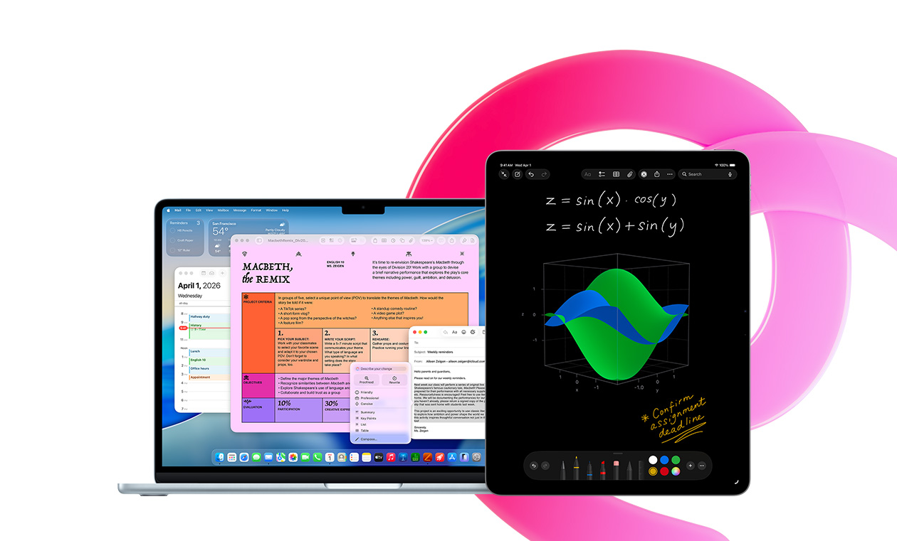 MacBook Air menampilkan Pages, Kalender, Peringatan, dan Mail bersama iPad yang menampilkan persamaan tulisan tangan di Catatan Matematika, menunjukkan produktivitas dengan aplikasi bawaan