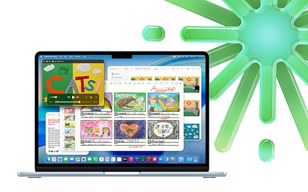 MacBook warna Biru Langit, menampilkan Quicktime, Catatan, Keynote, dan Foto, menunjukkan kemampuan untuk multitasking dengan beberapa aplikasi