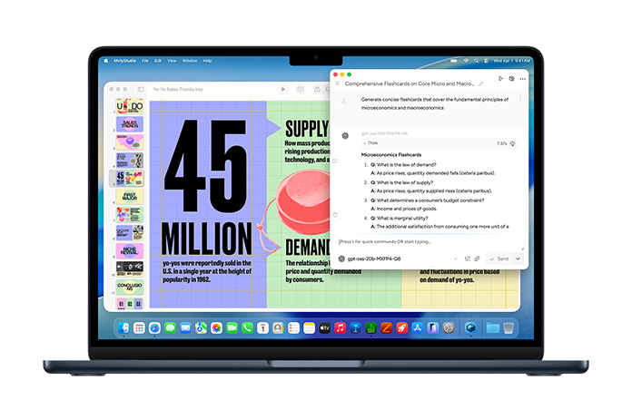 MacBook menampilkan layar Msty Studio yang memperlihatkan flashcard mikroekonomi, menunjukkan kemampuan AI pada perangkat