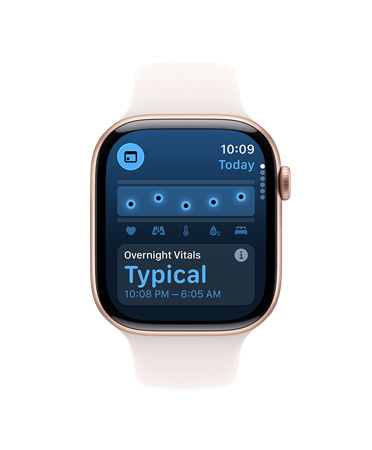 Apple Watch Series 11, casing aluminium, warna emas rose, aplikasi Tanda Vital, diagram skor kesehatan, pemberitahuan tanda vital semalaman yang biasa, eksterior sisi kanan: Digital Crown, Tali Jam Sport pink lembut