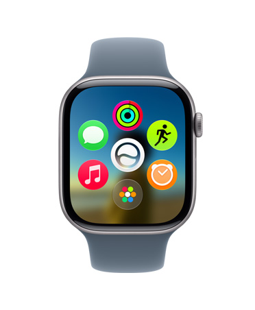 Apple Watch Series 11, Titanium Cokelat Batu, menampilkan grid aplikasi dinamis