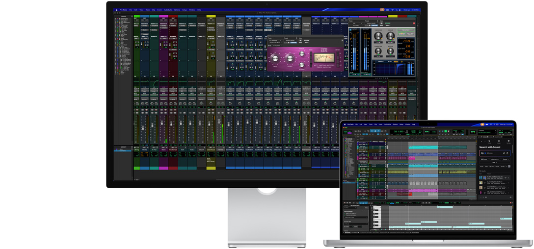Studio Display dan laptop Mac menampilkan sesi di Pro Tools dengan integrasi Splice, kaca nano-texture membantu mengurangi pantulan pada layar program yang gelap