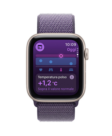 Apple Watch SE 3, cassa in alluminio color galassia, parametri temperatura del polso, lato destro, Digital Crown, Sport Loop viola nebbia