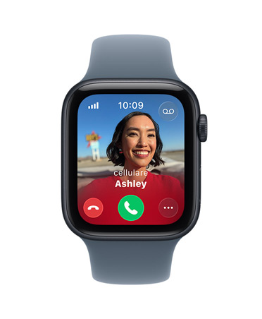 Apple Watch SE 3, cassa in alluminio color mezzanotte, chiamata in arrivo, foto contatto, pulsanti per accettare e rifiutare la chiamata, lato destro, Digital Crown, cinturino Sport blu salmastro