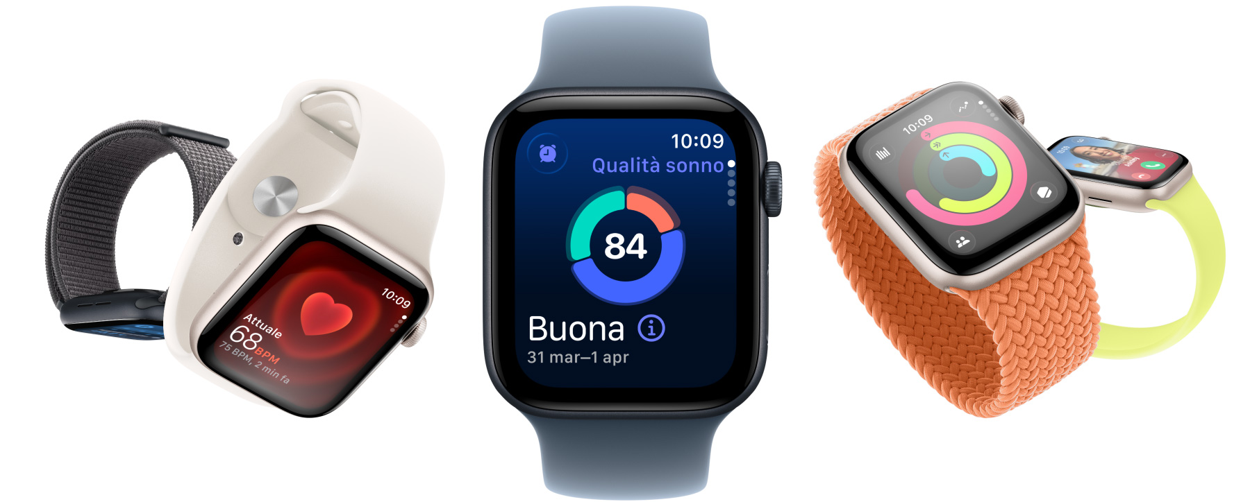 Apple Watch SE 3 con cassa in alluminio disponibile nei colori galassia e mezzanotte, e app come Parametri Vitali, Battito, Qualità del sonno, anelli Attività e chiamata in arrivo