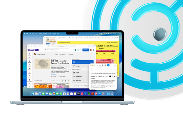 MacBook, celeste, aperto che mostra contenuti didattici nelle app Keynote, Mail e Safari, tra cui Kahoot! e il quiz “BIO-200 Muscular System Practice Quiz”