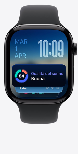 Apple Watch Series 11, cassa in alluminio, colore Jet Black lucido, Raccolta smart, avviso Qualità del sonno, lato destro, Digital Crown, cinturino Sport nero