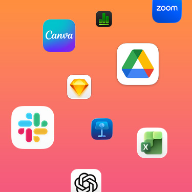 Icons of productivity apps including Slack, Canva, Google Workspace, Zoom, Sketch, Keynote, Excel, ChatGPT, and Numbers against a colorful background.
