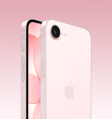 „iPhone 17e“, priekis ir nugarėlė, švelnios rožinės spalvos, iš dalies matomas ekranas priekyje, pilnai matoma nugarėlė su „Apple“ logotipu ir viena kamera, šone matomi veiksmo, garsumo ir šoninis mygtukai.