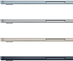 Keturių „MacBook Air“ modelių šoninė išorinė dalis, rodomos keturios skirtingos spalvos