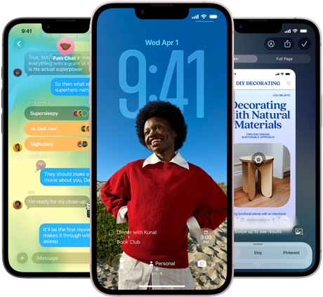 Trīs iPhone 17e, kuru ekrānos darbojas Messages aplikācija ar Liquid Glass dizainu, dinamisks bloķēšanas ekrāns un vizuālā intelekta funkcija