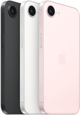 iPhone 17e, aizmugures skats un sānskats, melnā krāsā, aizmugures skats un sānskats, baltā krāsā, aizmugures skats un sānskats, maigi rozā krāsā, Fusion kamera augšpusē, sānu poga