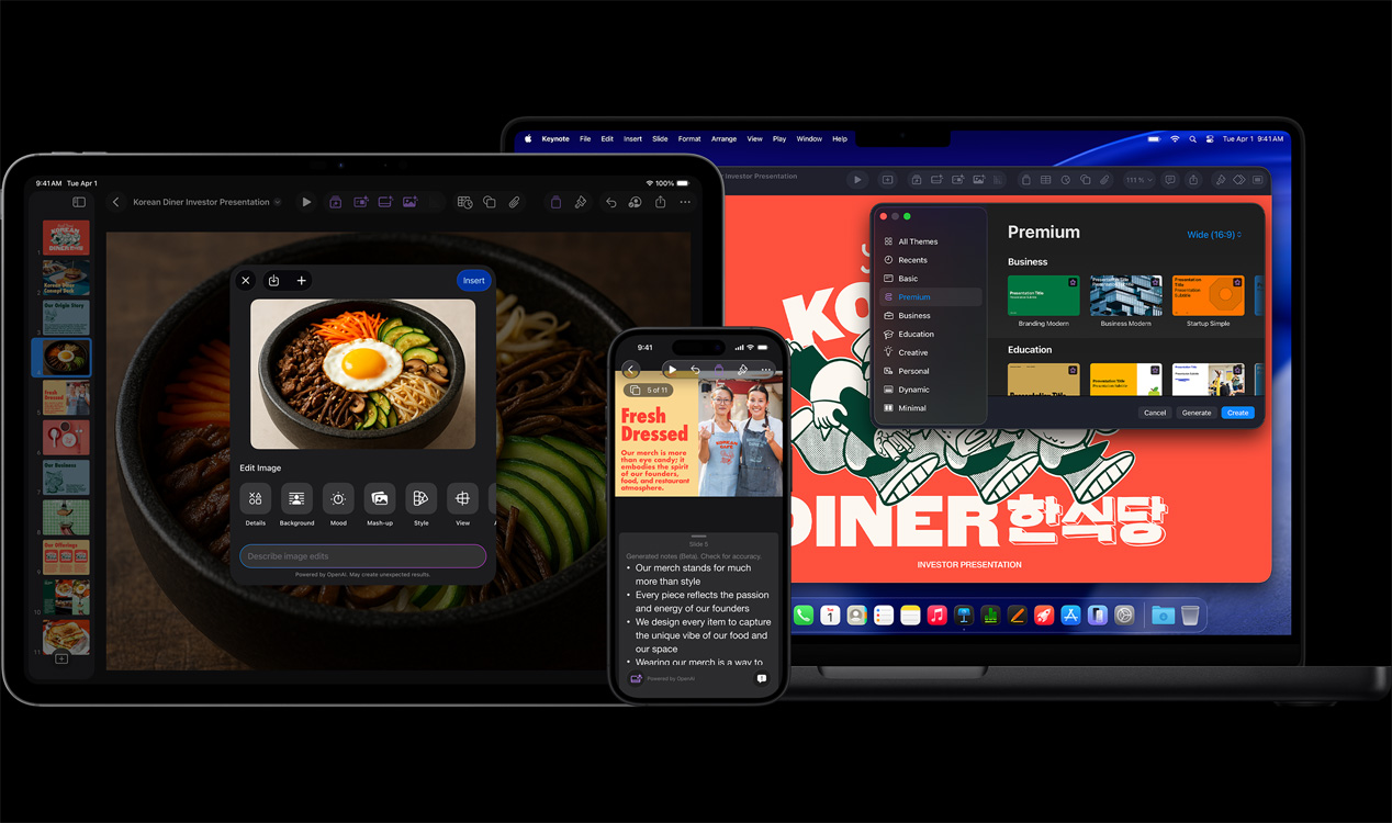 شاشة iPad Pro مقاس 13 إنش تعرض تطبيق Keynote مع صورة لوعاء يحتوي على خضار وبيضة مقلية طُلب إنشاؤها، شاشة iPhone 16 تعرض تطبيق Keynote مع صورة لسيدتان وملاحظات مقدم العرض، شاشة MacBook Pro مقاس 16 إنش تعرض تطبيق Keynote لعرض تقديمي مع نافذة السمات مفتوحة