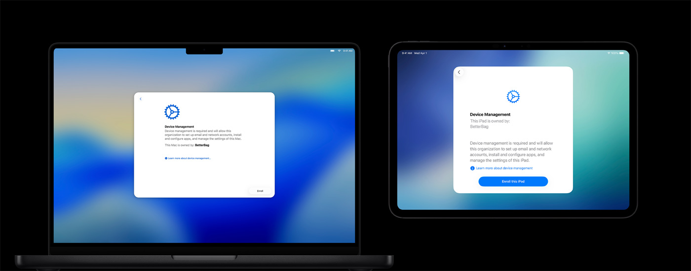 Two Apple devices side by side: A Mac computer displaying a Device Management window, and an iPad showing a Device Management screen.