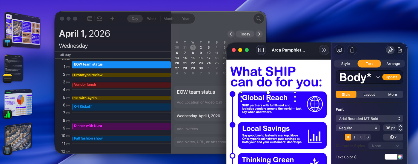 Multiple apps displayed on a screen using Stage Manager, with open Calendar and Pages windows, and macOS Tahoe wallpaper.