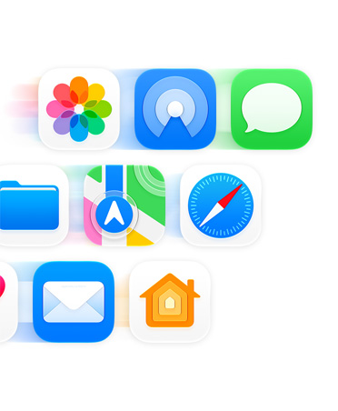 Grid of app icons like Messages, Safari, and Mail