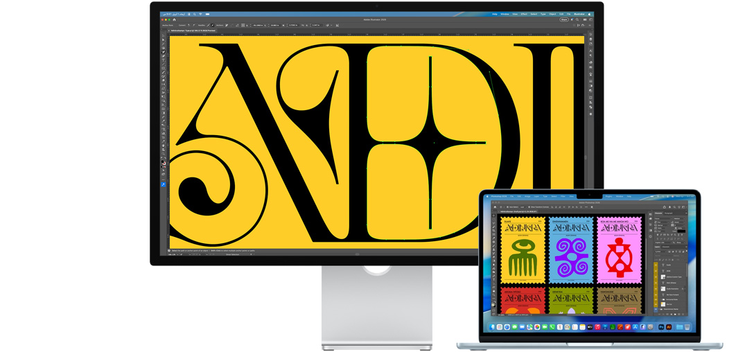 شاشة Studio Display وجهاز لابتوب Mac يعرضان مشروعاً قيد الإنجاز في برامج Adobe متعددة، شاشة Studio Display تعرض لقطة مقرّبة لنص أسود على خلفية بلون أصفر دافئ، الطبقة المضادة للانعكاس تساعد على تقليل الوهج