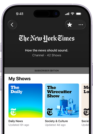 iPhone, front exterior, screen shows The New York Times channel in Apple Podcasts, text below reads: "How the news should sound," 42 shows, a Subscriber Edition banner sits above a My Shows section featuring "Modern Love," The "Wirecutter Show," and a partially visible third show, each categorized under Society & Culture
