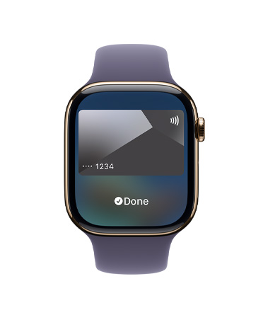 Apple Watch Series 11, gold color, titanium case, Apple Pay, right side exterior, Digital Crown, purple fog Sport Band