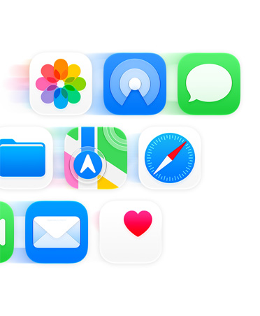 Grid of app icons like Messages, Safari, and Mail