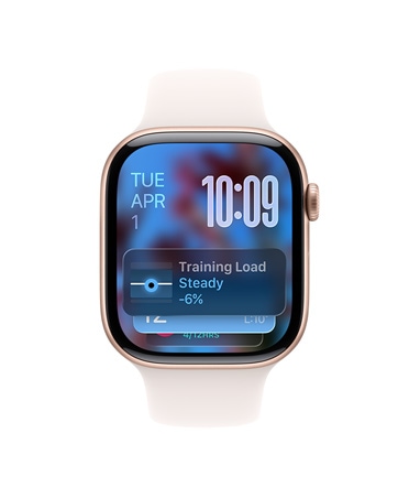 Apple Watch Series 11 z kopertą z aluminium w kolorze różowego złota, pasek sportowy w kolorze łagodnego różu, podpowiedzi Stosu inteligentnego