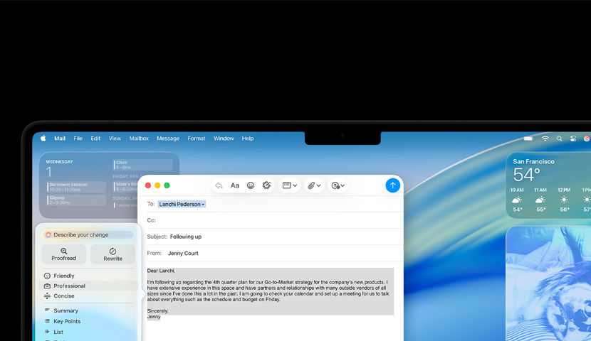 Pulpit komputera Mac z biznesowym e-mailem zawierającym polecenie dla Apple Intelligence. Za oknem mejla znajduje się widżet Kalendarza