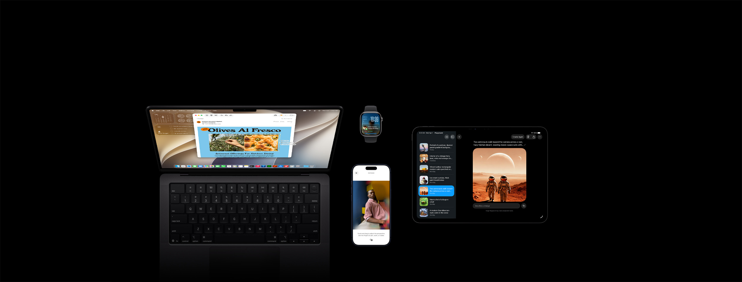 Cztery produkty, w tym iPhone 17 Pro w kolorze głębinowego błękitu z funkcją edycji zdjęć Reframe na przykładzie zdjęcia mężczyzny opartego o ladę, Apple Watch Series 11 w rozmiarze 46 mm w kolorze gwiezdnej szarości z datą i zablokowanym ekranem z przypomnieniem o dniu urodzin, MacBook Pro 14 cali w kolorze gwiezdnej czerni z funkcją Inteligencja wizualna i ze zrzutem ekranu przedstawiającym focaccię z oliwkami z mejla i zapytania Siri o ten obraz oraz iPad Pro 11 cali w kolorze gwiezdnej czerni