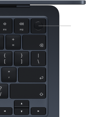 Colțul din dreapta sus al tastaturii MacBook Air, arătând locul unde se află butonul Touch ID