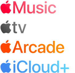 Apple subscription services logotypes including Apple&nbsp;Music, Apple&nbsp;TV, Apple&nbsp;Arcade, iCloud+