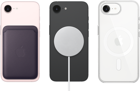 iPhone 17e, pohľad zozadu, svetloružová farba, pripnutá peňaženka z tkaniny FineWoven s MagSafe, iPhone 17e, pohľad zozadu, čierna farba, pripnutá nabíjačka MagSafe, iPhone 17e, pohľad zozadu, biela farba, nasadený priehľadný kryt s MagSafe