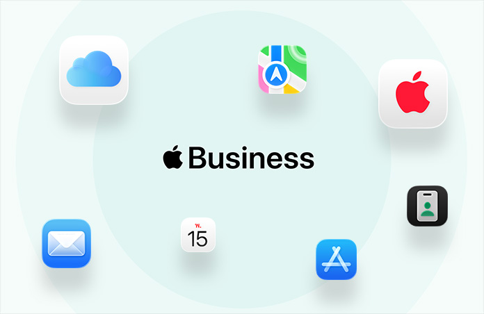 Apple Business, รายล้อมด้วยไอคอนแอปต่างๆ ได้แก่ iCloud, แผนที่, AppleCare, เมล, ปฏิทิน, App Store, แอป Apple Business