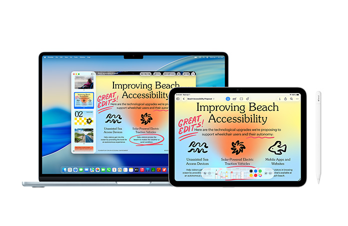 Mac และ iPad แสดงงานนำเสนอเดียวกันที่มีการทำเครื่องหมายสีแดงด้วย Apple Pencil ซึ่งแสดงให้เห็นถึงความต่อเนื่องระหว่างอุปกรณ์ พร้อมมุมมองด้านหน้าของ Apple Pencil