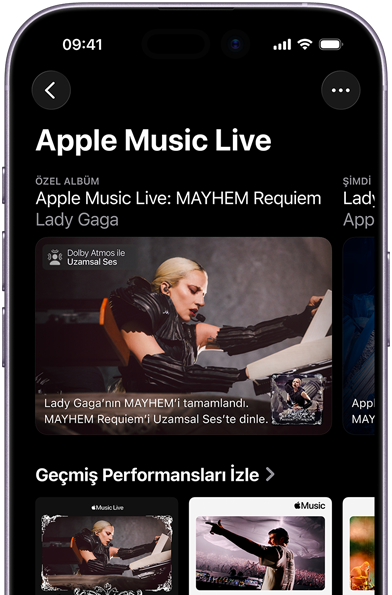 iPhone’da Şimdi İzle ve geçmiş performanslar sekmelerinin gösterildiği Apple Music Live ekranı
