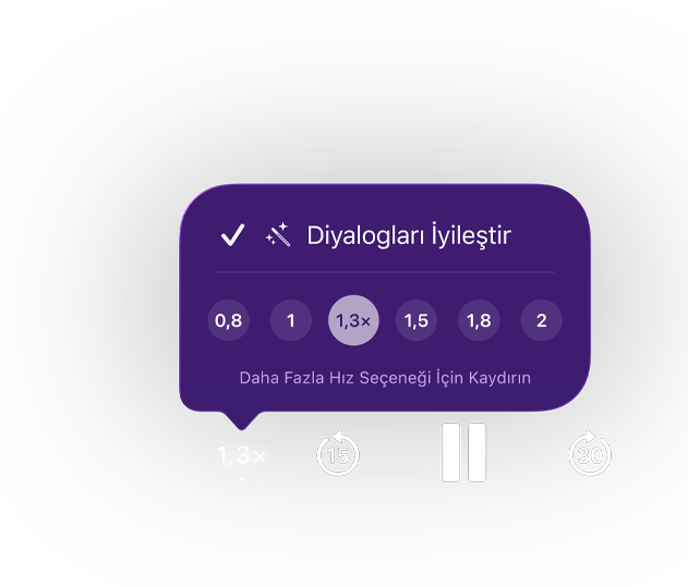 Apple Podcast’ler oynatma denetimleri, mor bir açılır menüde Diyalogları İyileştir’in etkinleştirildiği ve 0,8 ile 2 arasındaki oynatma hızı seçeneklerinden 1,3x ayarının seçildiği gösteriliyor, metin: Daha Fazla Hız Seçeneği İçin Kaydırın, aşağıdaki denetimlerde 15 saniye geriye atla, duraklat ve 30 saniye ileriye atla bulunuyor.