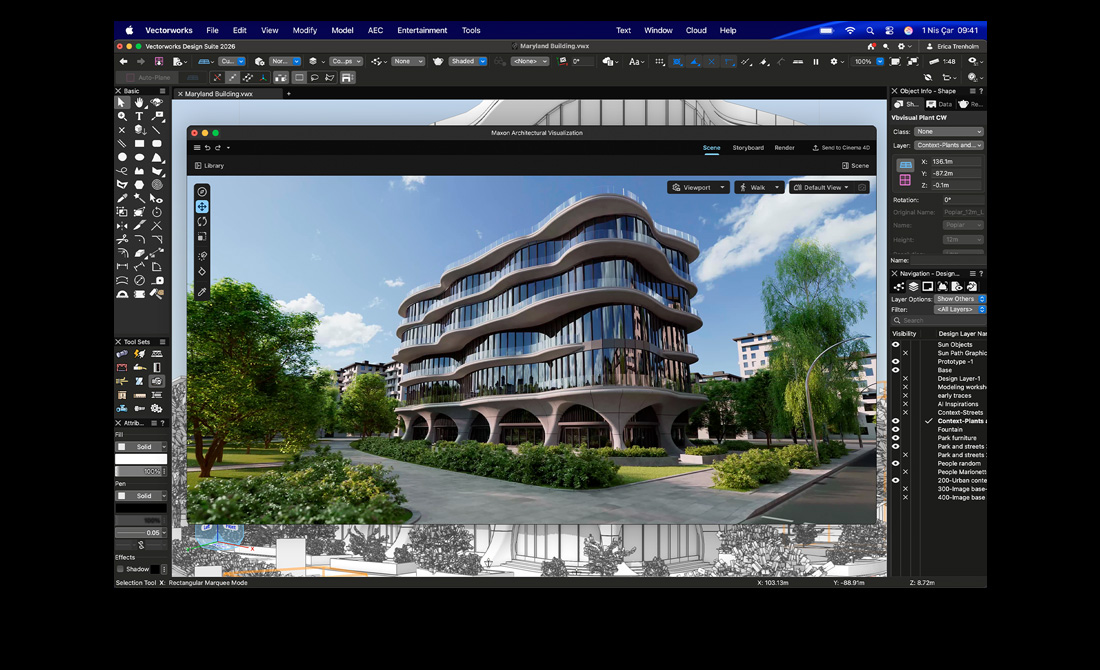 Maxon Redshift ile Vectorworks Design Suite’i gösteren MacBook Pro ekranı