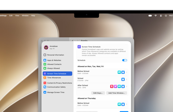 MacBook Pro ekranında, çocuklara zaman ve medya kategorileri ayarlamak için Ayarlar’daki Time Allowance ve Screen Time Schedule seçenekleri gösteriliyor
