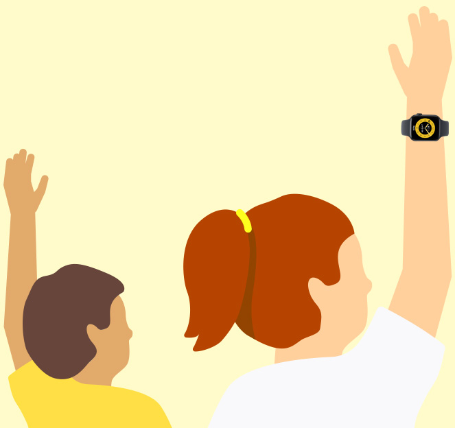 插圖畫著兒童在學校裡舉起手，手腕戴著 Apple Watch SE 3