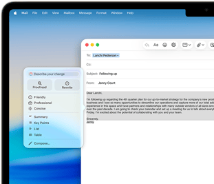 На екрані MacBook Air показано функцію Apple Intelligence «Засоби письма» під час написання електронного листа