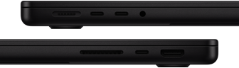 Показано порти на MacBook Pro — ліворуч: MagSafe 3, два порти Thunderbolt і порт для навушників — праворуч: слот для карт SDXC, один порт Thunderbolt і HDMI