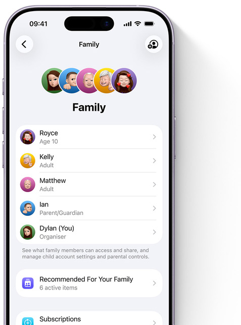 iPhone screen showing the Family page in Settings, Memoji of individual family members, each set against its own colourful circle, arrayed at the top, same Memoji in a list beneath them showing all members of the Family Sharing group