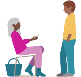 Una mujer sentada en una silla sostiene un iPhone con ondas de sonido que salen del dispositivo, un hombre está de pie frente a ella y escucha