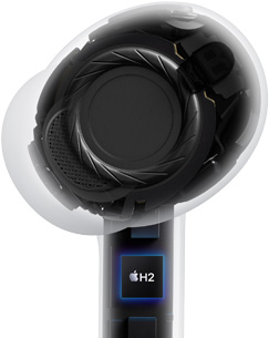 Közeli nézet az AirPods Pro 3 architektúrájáról, ami a zajkizáró szilikon fülharangokra mutat.