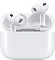 白色 AirPods Pro 3 和 MagSafe 充電盒 (USB-C)，展示充電盒的圓角外觀和 LED 電源指示燈；充電盒盒蓋打開，展示無線耳筒和矽膠耳塞，耳筒柄內側有字母 L 和 R
