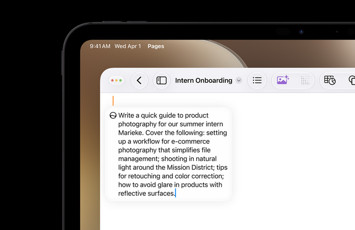 Top left corner of iPad, screen displays open Pages document, prompt for Write with Siri to draft copy